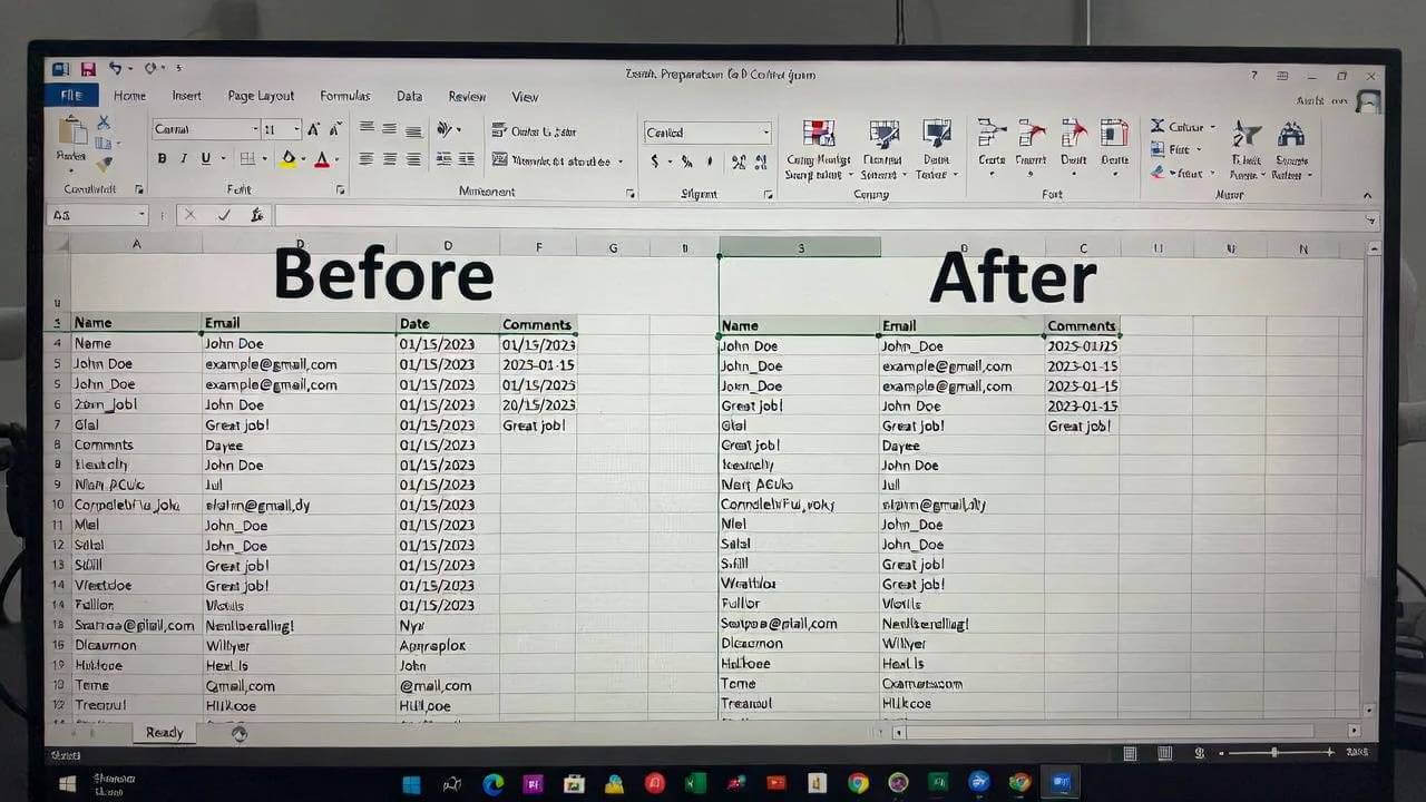 Excel data preparation screenshot" – Before-and-after view of raw vs. cleaned spreadsheet
