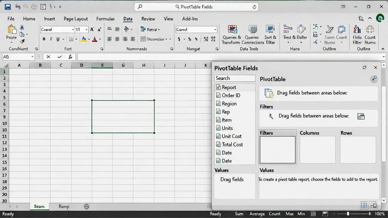 Pivot table fields pane in Excel" – Screenshot of the empty pivot table setup with fields list