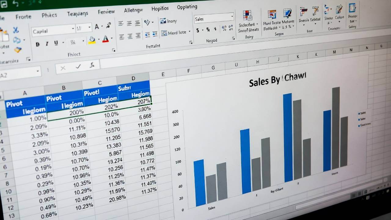 Excel pivot table with chart example" – A bar chart linked to a pivot table showing sales by region.