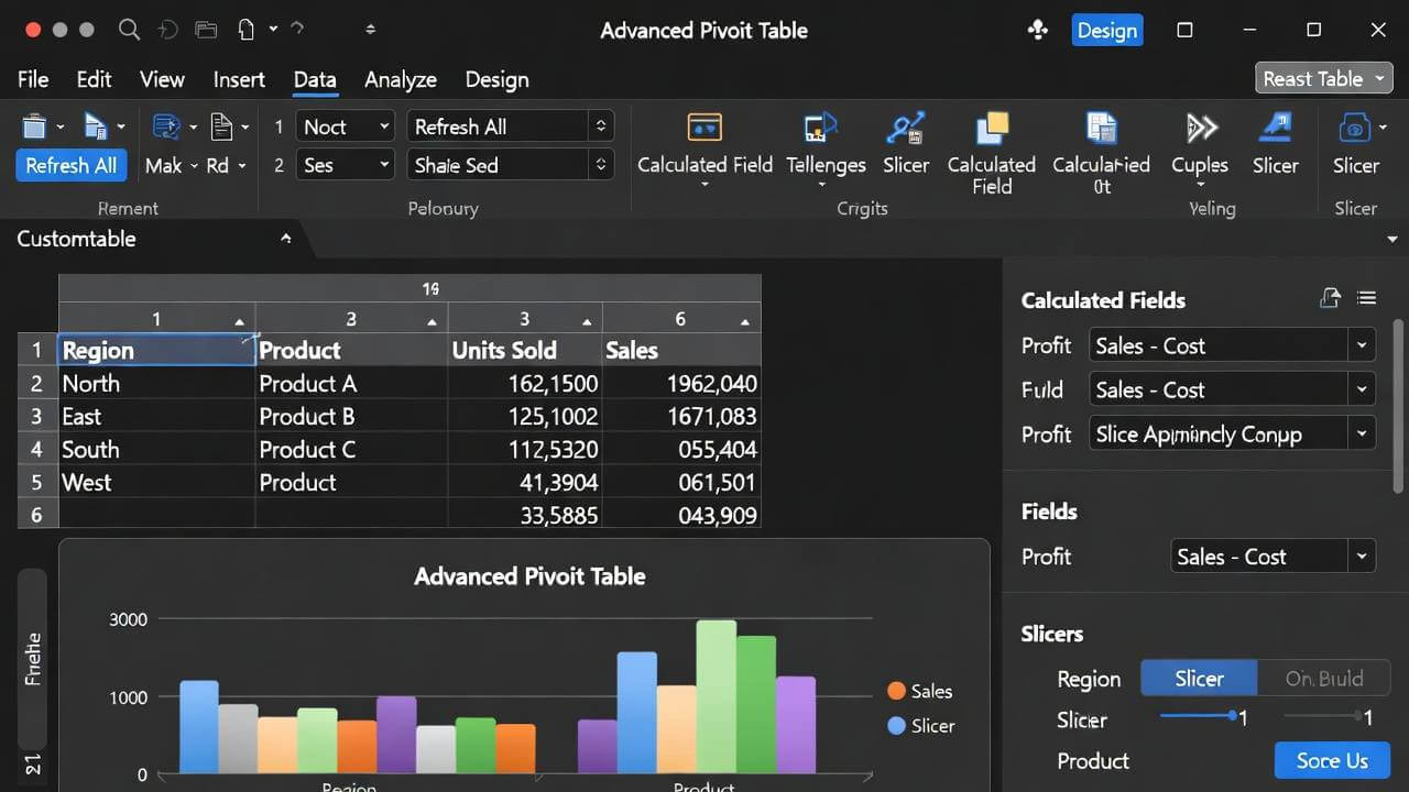 Advanced pivot table customization screenshot" – Showing calculated fields and slicers in action.